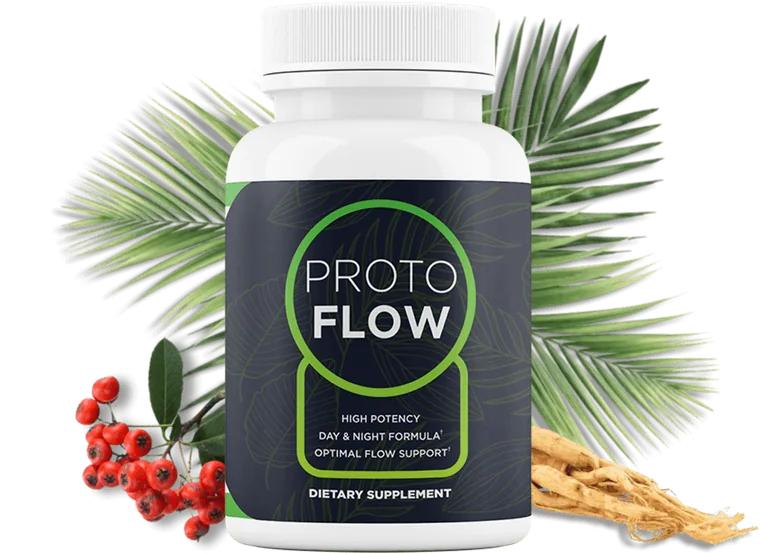 Protoflow dietary supplement bottle shown with botanical ingredients including ginseng root and hawthorn berries